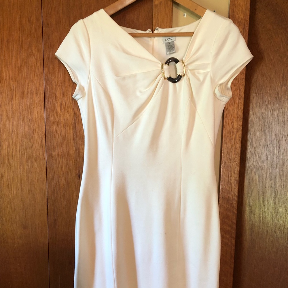 Cache white cocktail length dress with gold details size 8 but slim